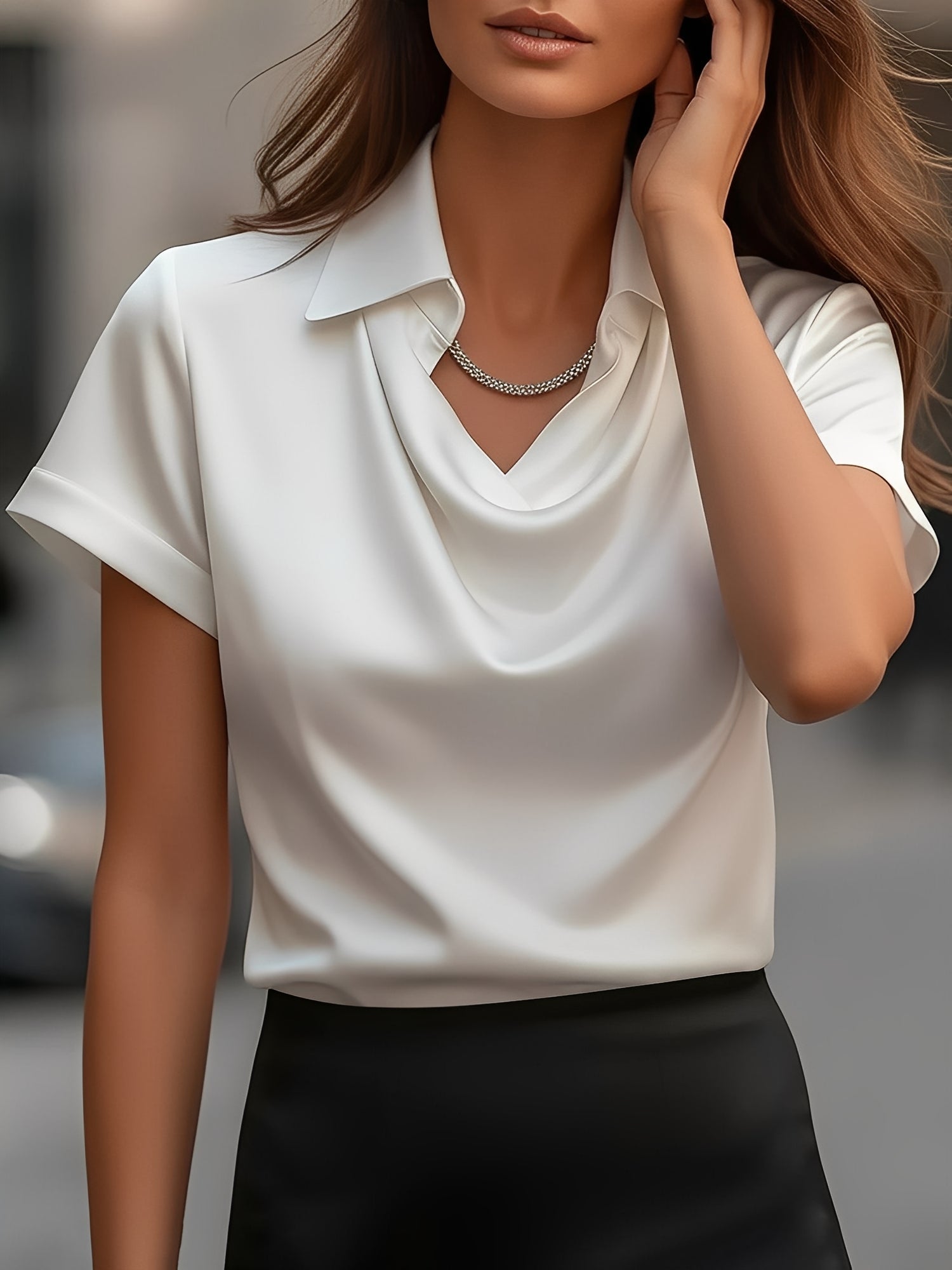 Seraluxe Flow | Draped Collar Satin Blouse For Women