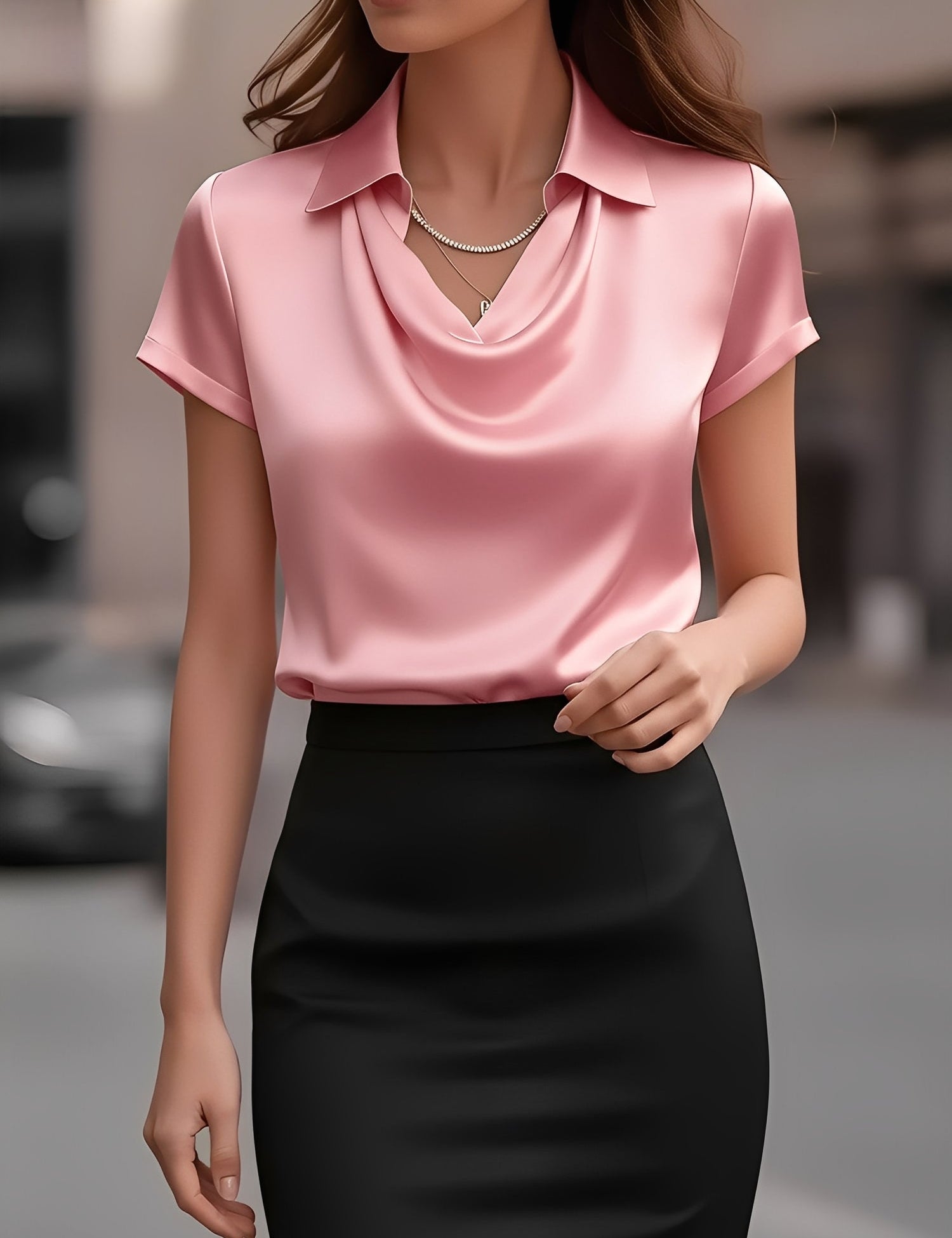 Seraluxe Flow | Draped Collar Satin Blouse For Women