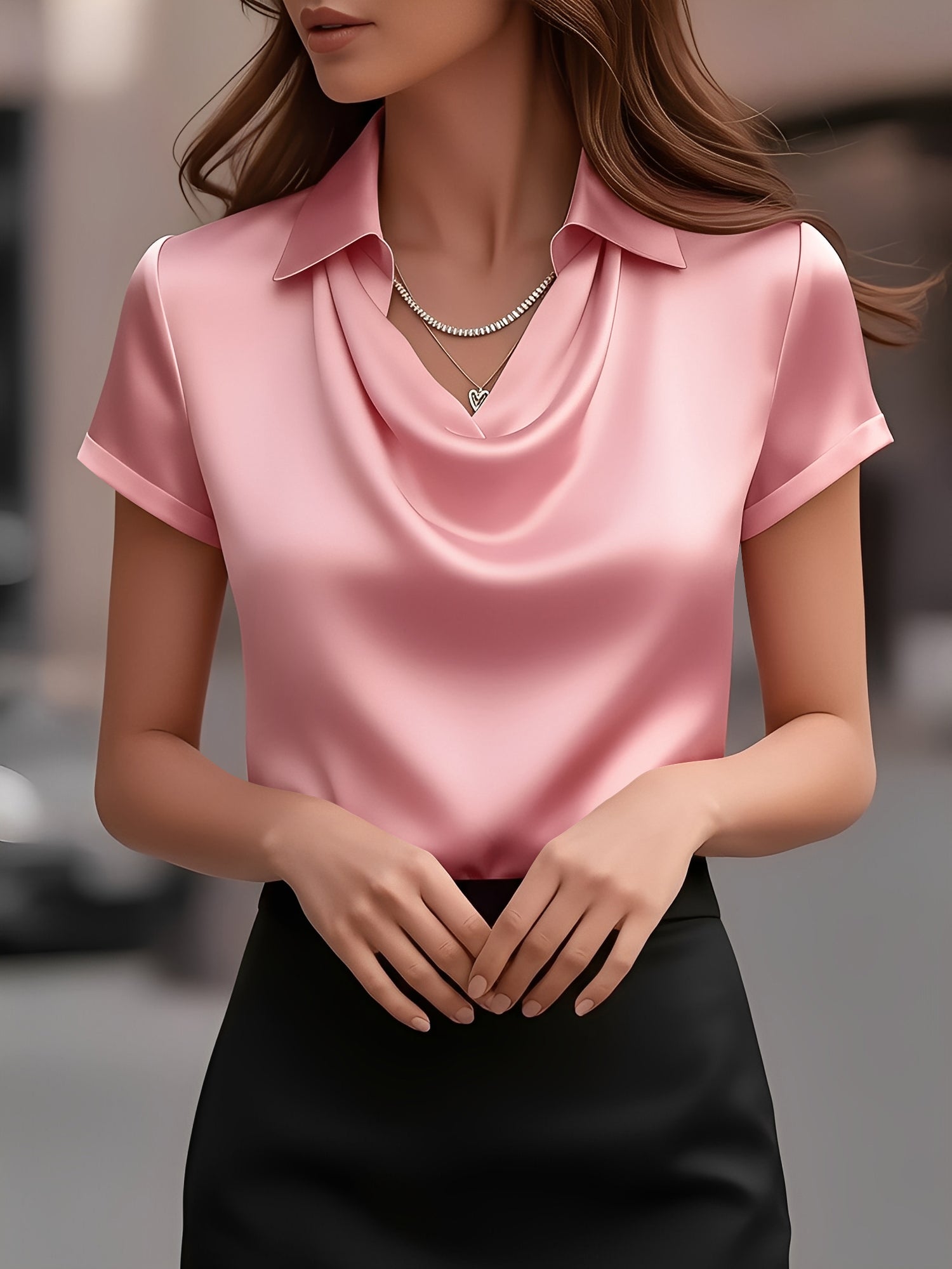 Seraluxe Flow | Draped Collar Satin Blouse For Women