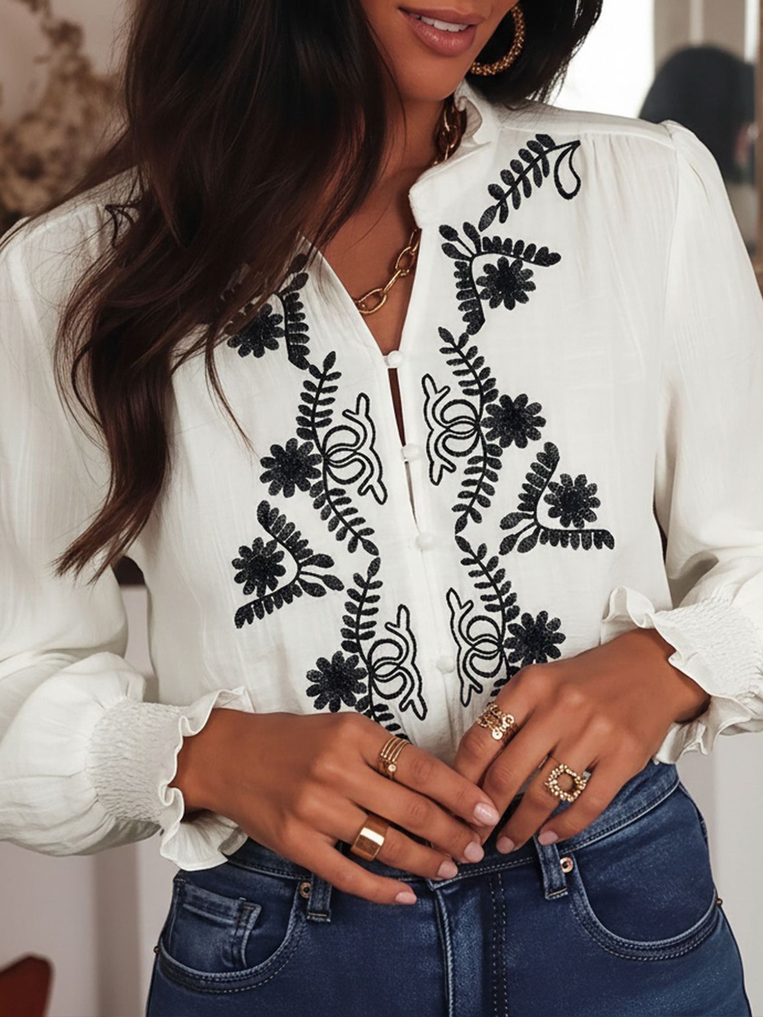 Arlena Noir | Embroidered Long Sleeve Blouse For Women