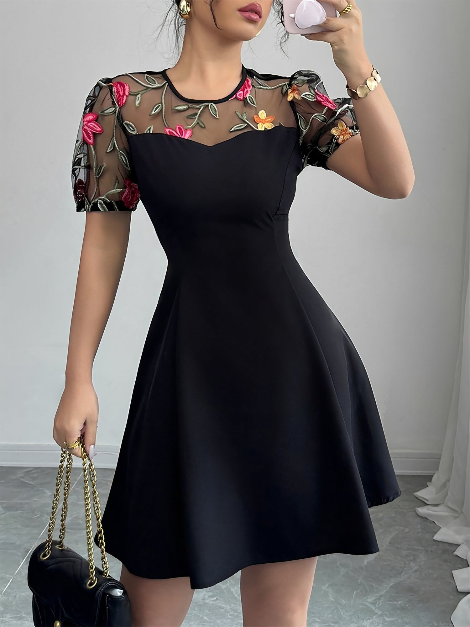 Amélie Laurent | Embroidered Sheer Sleeve Mini Dress For Women