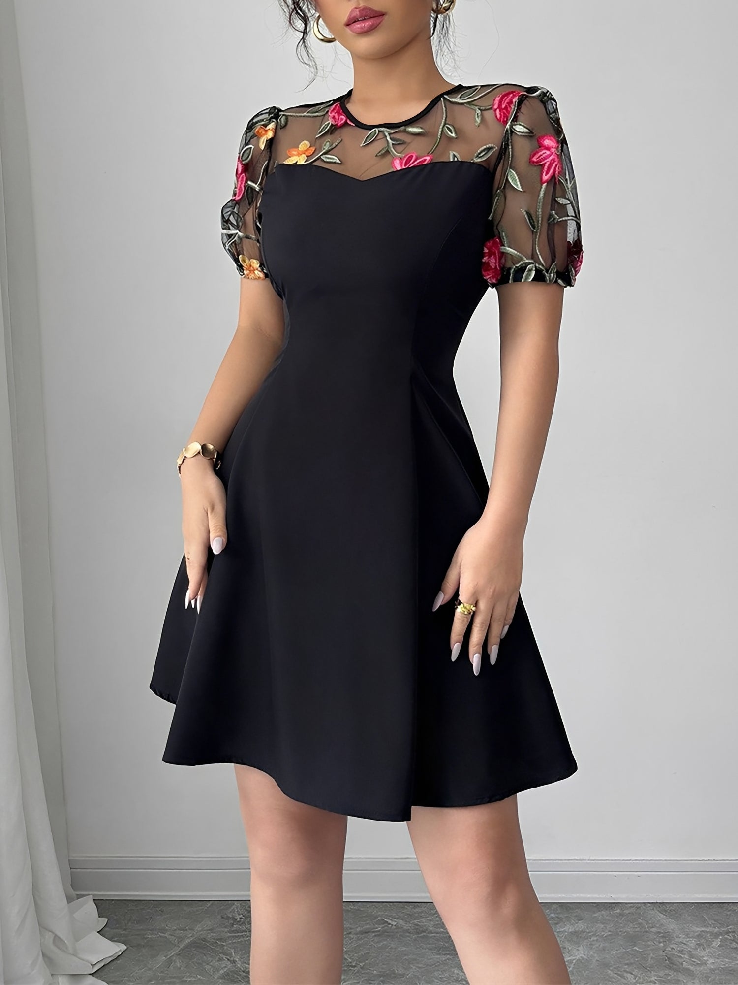 Amélie Laurent | Embroidered Sheer Sleeve Mini Dress For Women
