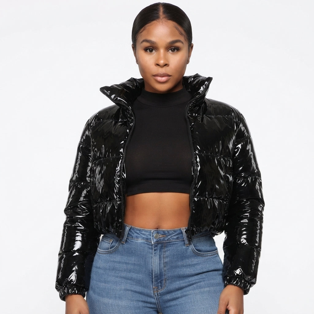 Valentina Russo | Cropped Puffer Jacket With Glossy Luxe Finish For Women