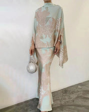 Viola Rushdale | Champagne Floral Cape Top Two Piece Set For Women