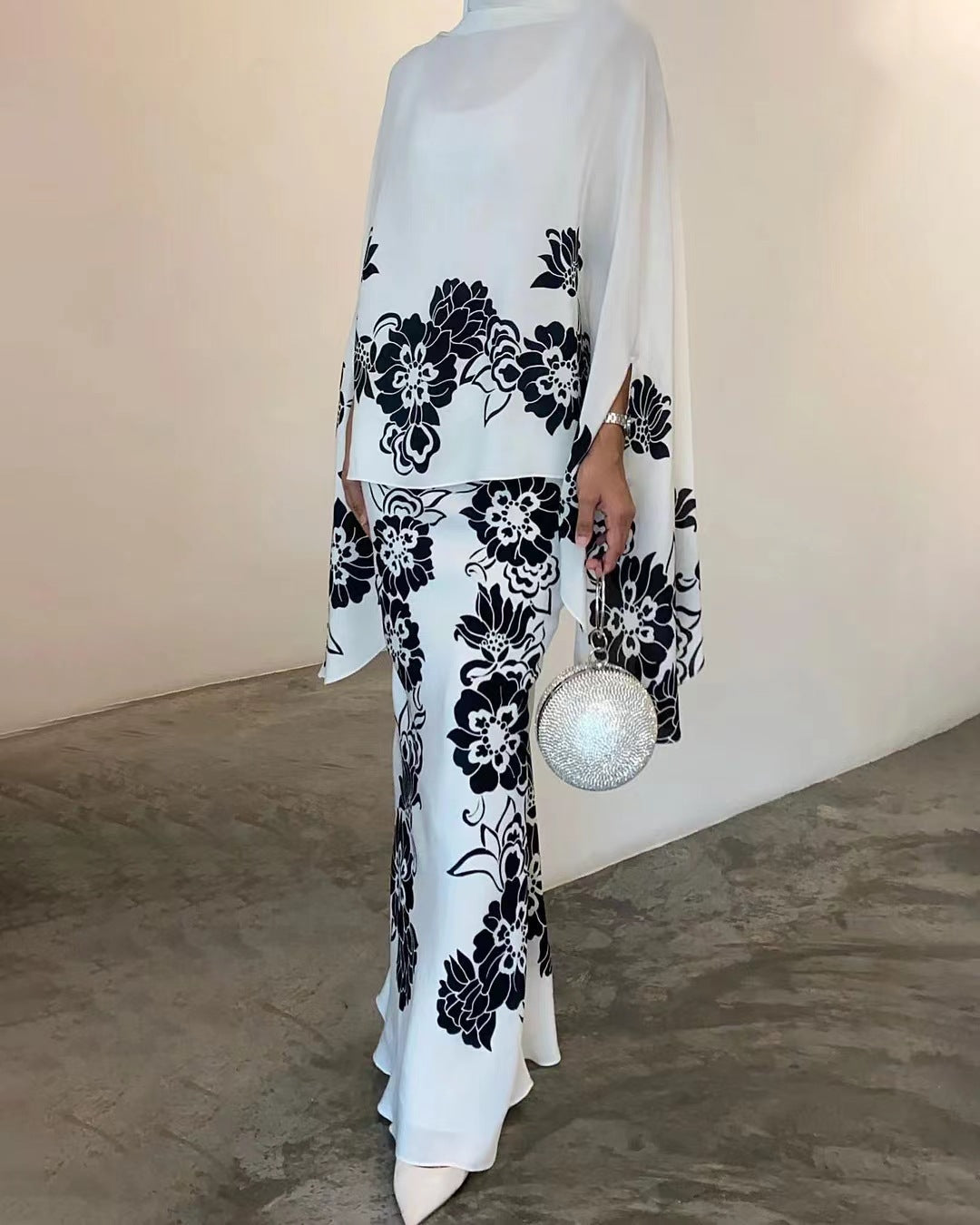 Viola Rushdale | Champagne Floral Cape Top Two Piece Set For Women