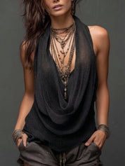 Willa Draymore | Sand Layered Cowl Neck Knit Halter Top For Women