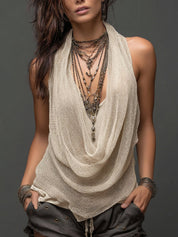 Willa Draymore | Sand Layered Cowl Neck Knit Halter Top For Women