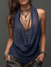 Willa Draymore | Sand Layered Cowl Neck Knit Halter Top For Women