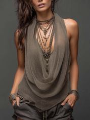 Willa Draymore | Sand Layered Cowl Neck Knit Halter Top For Women