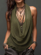 Willa Draymore | Sand Layered Cowl Neck Knit Halter Top For Women