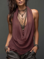 Willa Draymore | Sand Layered Cowl Neck Knit Halter Top For Women