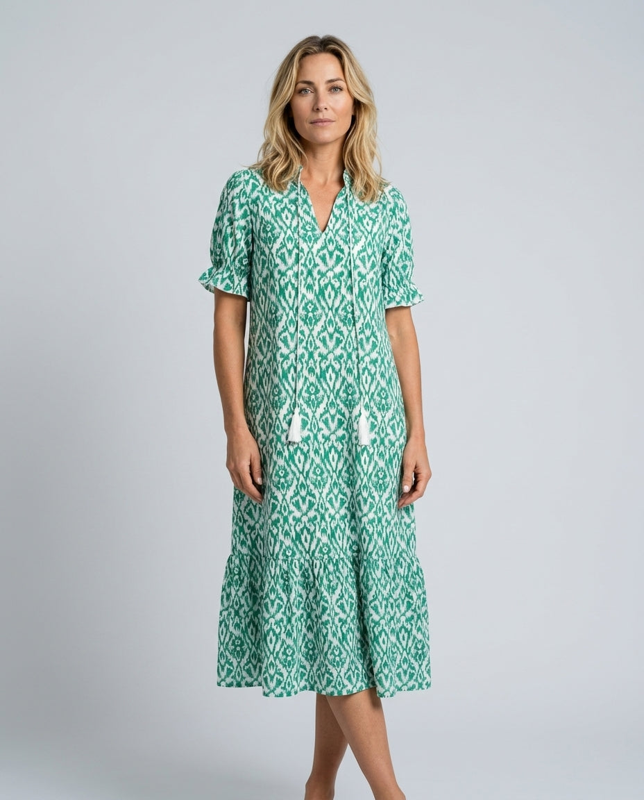 Isla Hargreaves | Ikat Print Tassel V-Neck Midi Dress For Women