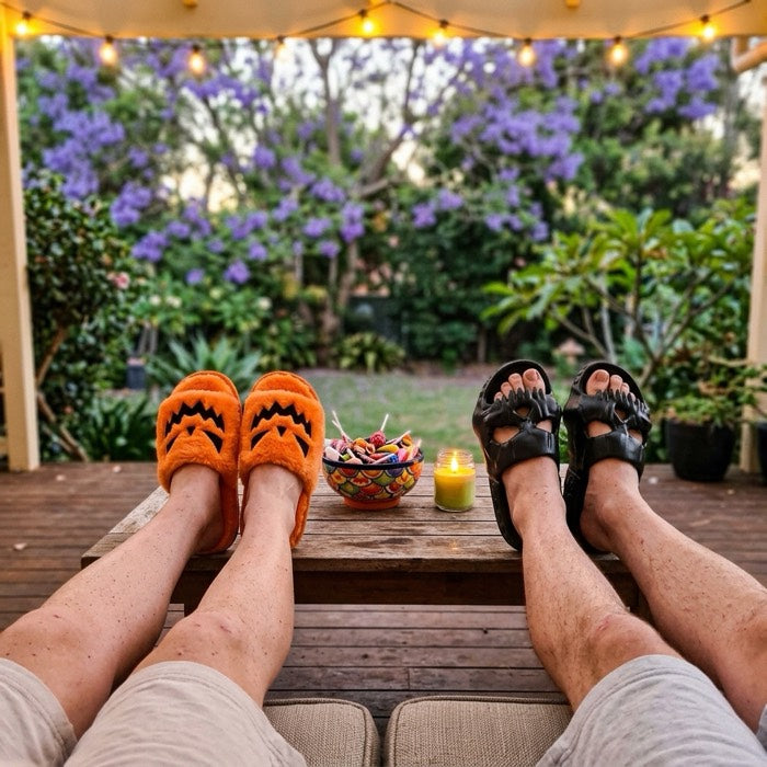 Two pairs of Halloween slippers resting on a verandah table on a warm evening